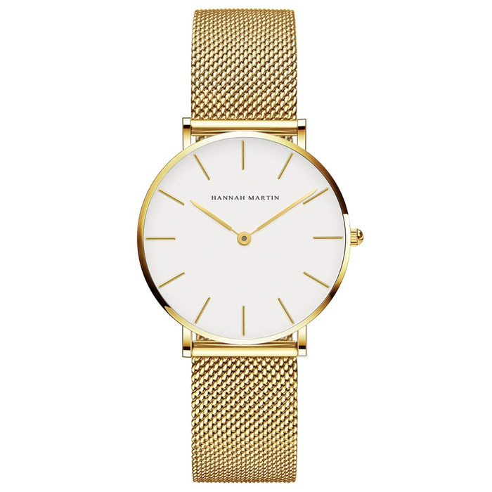 Годинник жіночий Hannah Martin, кварцовий, аналоговий, з нержавіючої сталі, водонепроникний, ультратонкий, сітка, білий корпус, золотий браслет