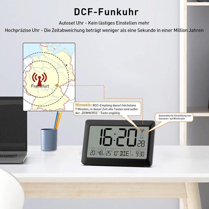 LATEC Wall Clock Digital, Digital Wall Clock with Temperature and Humidity Display, Radio Clock Digital with Backlight, Date, Day of the Week, Large, 20 x 13 x 1.2 cm (with batteries)