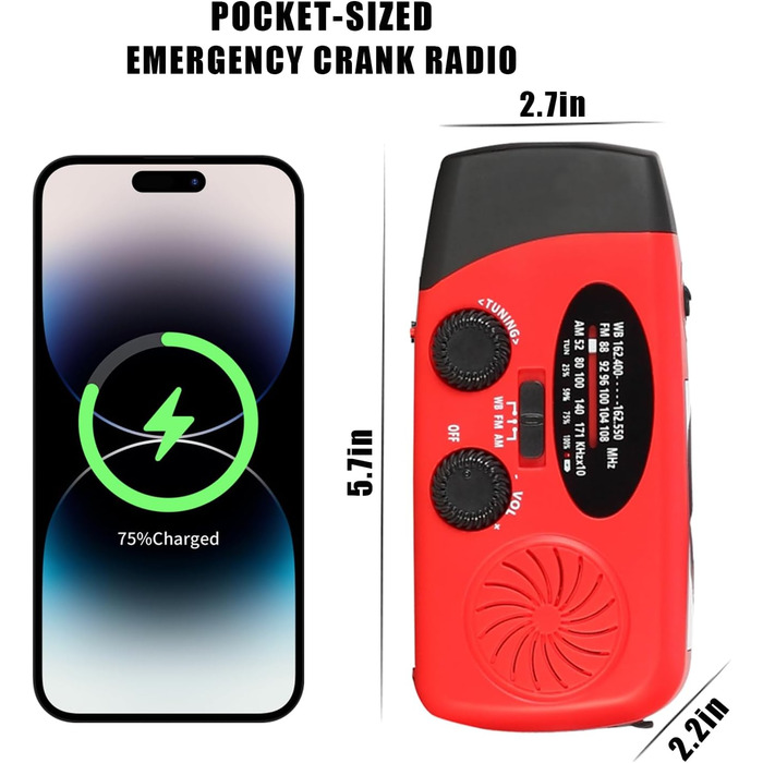 Радіо на сонячних батареях та ручному приводі Notfallradio – AM/FM, погода, ліхтарик LED, SOS, акумулятор 2000mAh, зарядка для смартфонів, червоний