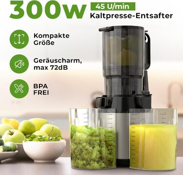 Balter Slow Juicer, Large 108mm Opening, 250 Watts, Juicer for Vegetables and Fruits, Fruit Press, BPA Free, Quiet