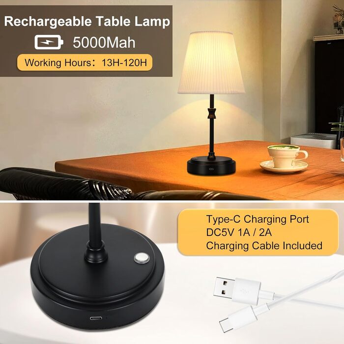 Настільна лампа на акумуляторі, бездротова LED лампа з USB-C 6000 mAh, 3 режими димування, для спальні, ліжка, їдальні, бару, чорного кольору