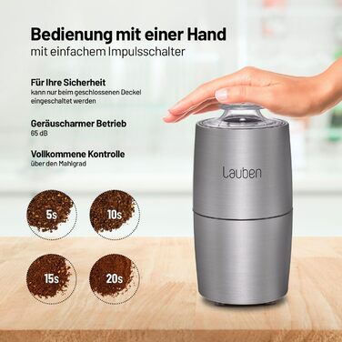 Електрична кавомолка Lauben Grinder 200ST: нержавіюча сталь, 200 Вт, для кави та спецій, з функцією ударного подрібнення, об'єм 50 г
