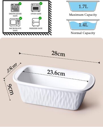NUTRIUPS Ceramic Loaf Pan, 28 cm x 15 cm, Rectangular, for Baking, Porcelain, Non-Stick Coating, White