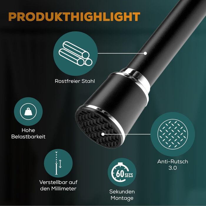 Штанга для штор Ø 32 мм, без свердління - для душу, вікна, кімнати, кухні (370-420 см, Чорний)