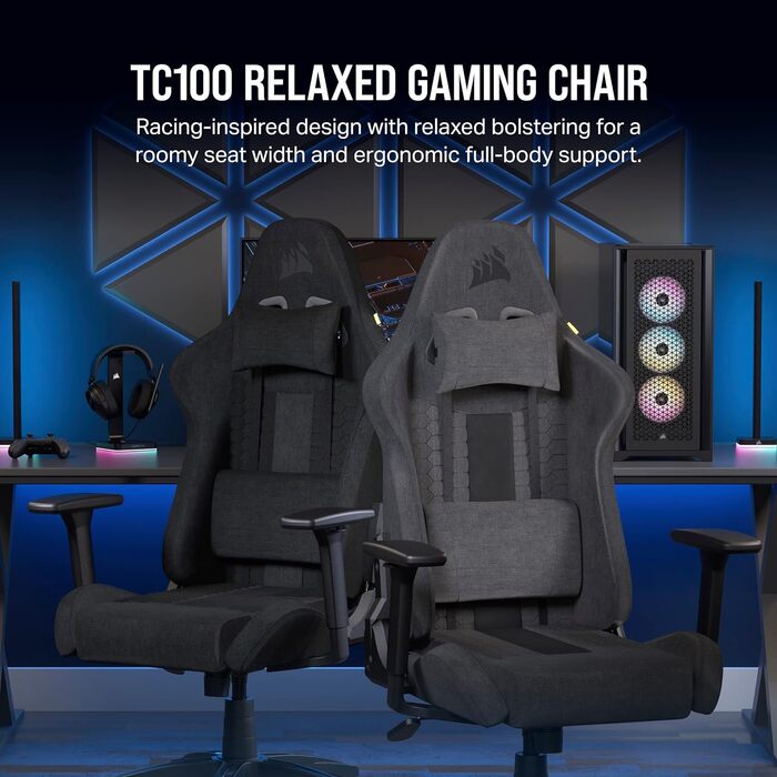 Ігрове крісло Corsair TC100 Relaxed, тканинне, ергономічне, знімна подушка з пам'яттю, регульовані підлокітники, чорний, сталева рама