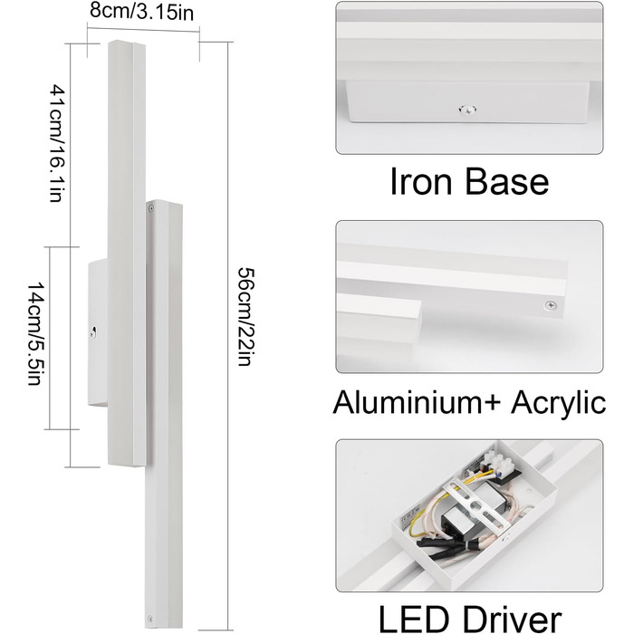 LED настінний світильник Klighten 40см, 12W, 850LM, тепле світло 3000K, для спальні, вітальні, коридору, сходинкової зони