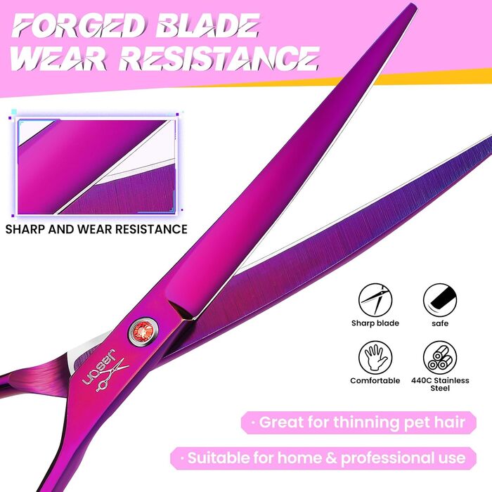Професійна вигнута ножиця для собак JASON - 7,5' ножиця для грумінгу собак з японської нержавіючої сталі. Ножиці для собак та котів (вигнуті, фіолетові)