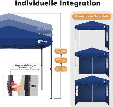 Sekey One-Touch Pop Up Pavilion 3x3 Waterproof Stable Winter-Proof, Folding Pavilion 3x3m with Thickened Tubes, Party Tent Pavilion Folding for Camping Festival Party, (Navy, with Side Walls)