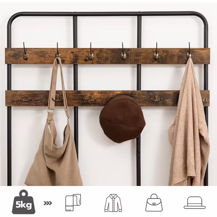 HOOBRO Coat Rack, Large Wardrobe with Bench, Shoe Rack with Seating, Clothes Rack with 12 Hooks, Ample Storage Space, for Entryway, Bedroom, Living Room, Dark Brown-Black EBF05MT01