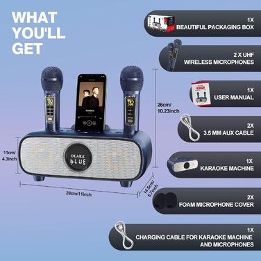 Караоке-машина DLARA Upgrade з Bluetooth, USB, TF-карткою та мікрофоном, портативна, для дорослих та дітей, з підставкою, AUX-in, PA-системою, блакитна Pro