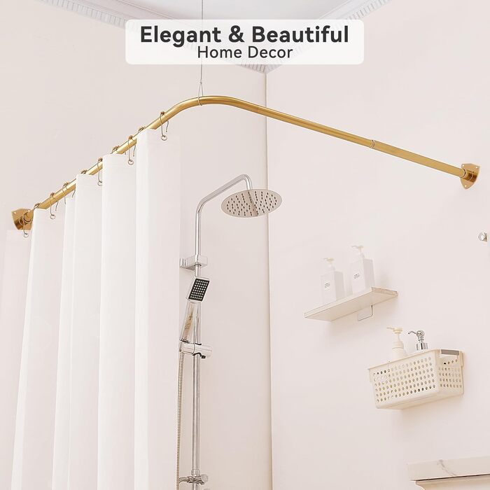 Штанга для душу L-подібної форми, регульована, з кріпленням для гардини та опорою для верхньої частини, для ванни/ванної кімнати, монтаж на свердління (Золото, 100-175см x 140-214см)
