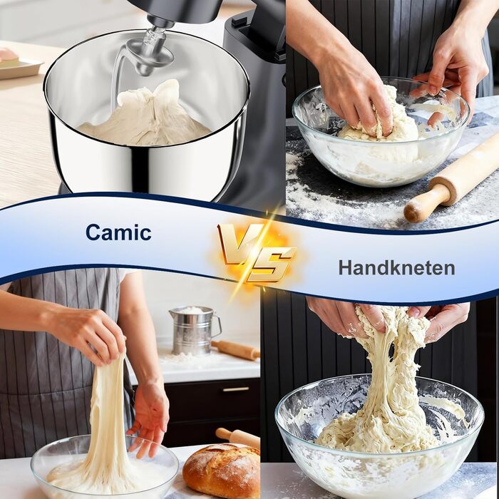 Кухонна машина Camic з LED-дисплеєм, 10 швидкостей, 3 насадками (діядовий, міксер, вінчик) та 2 чашами з нержавіючої сталі 4Л та 5Л для тіста, хліба та тортів, сіра