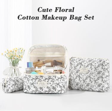 Набір косметичок 3 шт. з квітковим принтом, для жінок та дівчат | Косметичка для подорожей та повсякденного використання | Білий, чорний, квіти