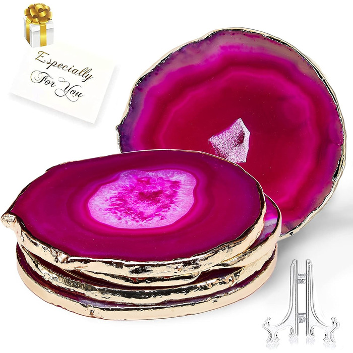 Yougoals Coasters, Geode Coasters for Drinks, Gemstone, Natural Stone, Agate Slices, Coasters, Cup Mat for Home Decoration (4 Pieces) (Pink)