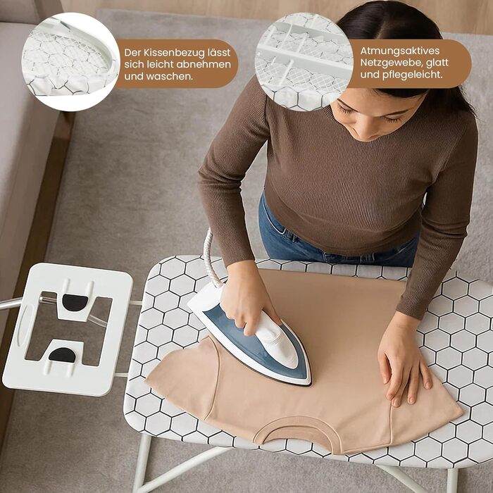 Прасувальна дошка 110 x 38 x 64-77 см, регульована по висоті, з антиковзкими ніжками та чохлом з бавовни, з підставкою для праски (біле в квадратик)