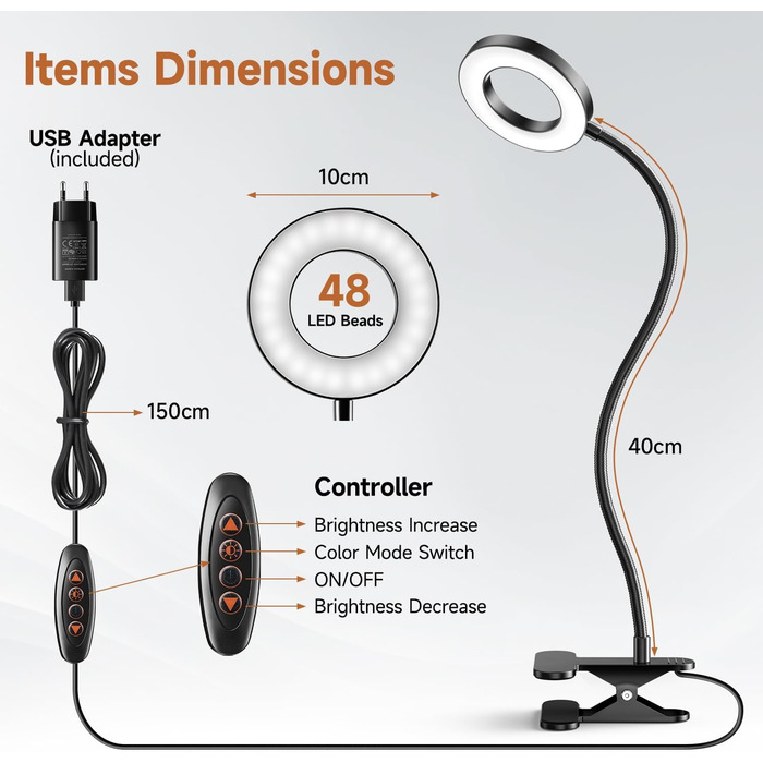 Світлодіодна приліжкова лампа One Fire 48 LED з USB, 3 режими, диммування, адаптер 10W, гнучка, для ліжка/дитячої