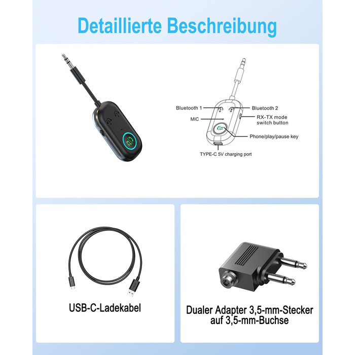 Bluetooth адаптер iKDSAW 2-в-1 (передавач та приймач) 5.3, Aux трансміттер для ТБ, літака, авто, стереосистем та навушників, 3.5 мм Jack
