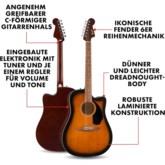 Акустична гітара Fender California Debut Redondo Dreadnought CE з вирізом, шпон з ялини, чорний колір, Natural (електроакустична гітара, 2-колірний Sunburst)