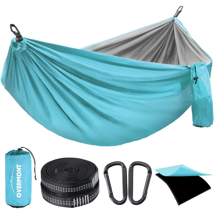 Гамак Overmont двошаровий, сертифікований TÜV, 400 кг, 280 x 185 см, нейлон, для кемпінгу та відпочинку на природі (блакитний, світло-сірий)