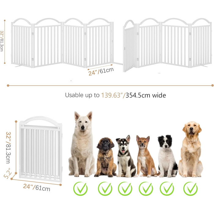 Металеві ворота для собак BHG, без монтажу, з дверцятами, широкі, 243,8 см, високі, 81,3 см, аккордеон, 8 панелей, білий, для дому та саду