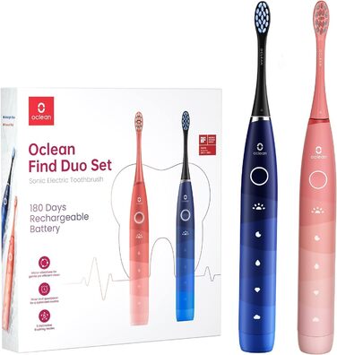 Oclean Find Duo Set: електрична зубна щітка 2 шт. з 5 режимами, акумулятор до 180 днів, водонепроникна (IPX7), рожевий & блакитний