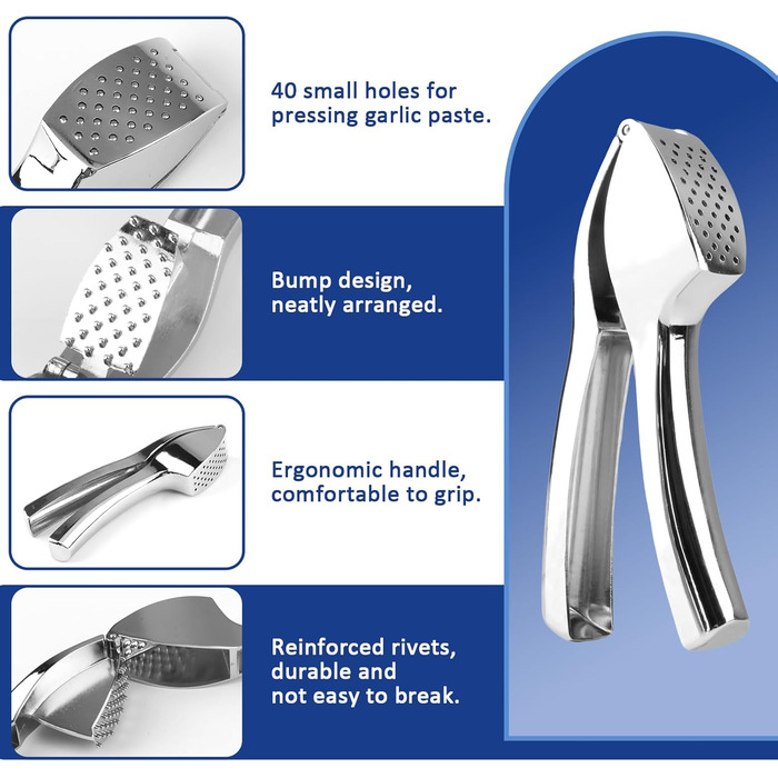 Преміум-прес для часнику та силіконовий лузер, стильний прес з цинкового сплаву, придатний для миття в посудомийній машині, сріблястий подрібнювач часнику, кухонний помічник, надміцний та довговічний, зручний та легкий у чищенні