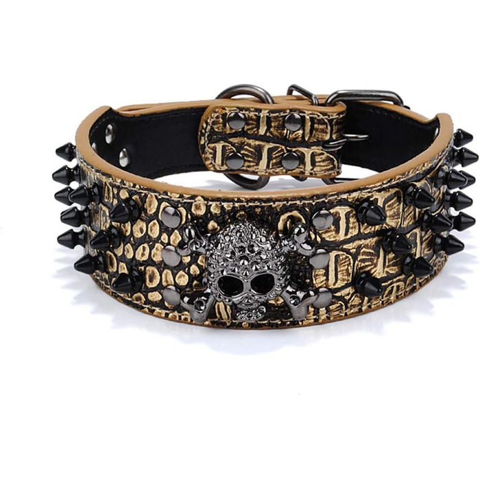 Нашийник для собак ETOPARS з черепом та шипами, з регулюванням, з крокодилової шкіри, золотий (M)
