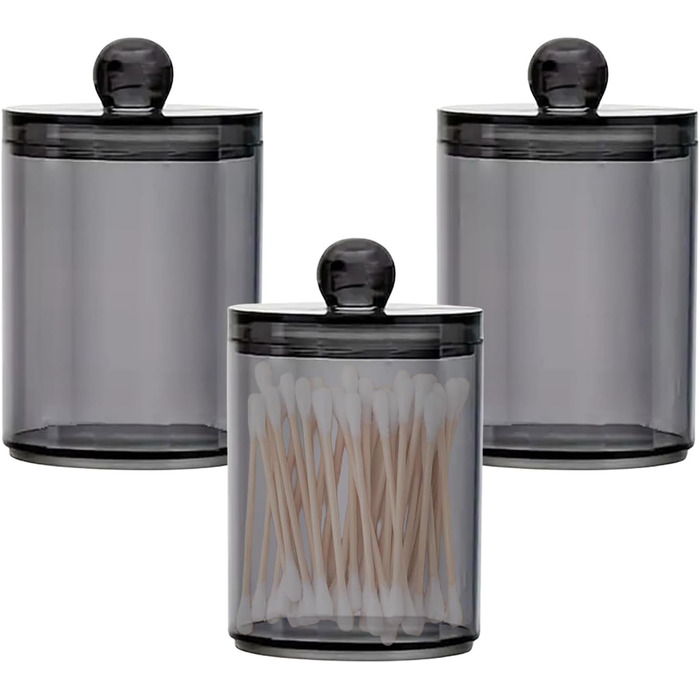 Організатор для ватних паличок та дисків: набір з 3 шт. Чорний акриловий контейнер з кришкою для ванної, спальні, вітальні