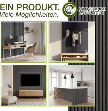 Акустичні панелі TRESKO з дерева 120×60x2,1 см, 2 шт. — 3D стінові ламелі для шумоізоляції, колір Дуб Антрацит, з набором для монтажу та 4 вішаками