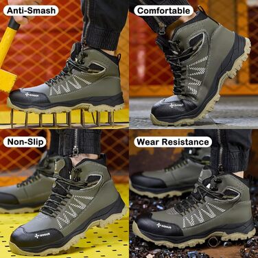 Черевики робочі чоловічі ISOOUS, високі, захисні, для жінок та чоловіків, легкі, зі сталевим підноском, антиковзаючі (43 EU, армійний зелений)