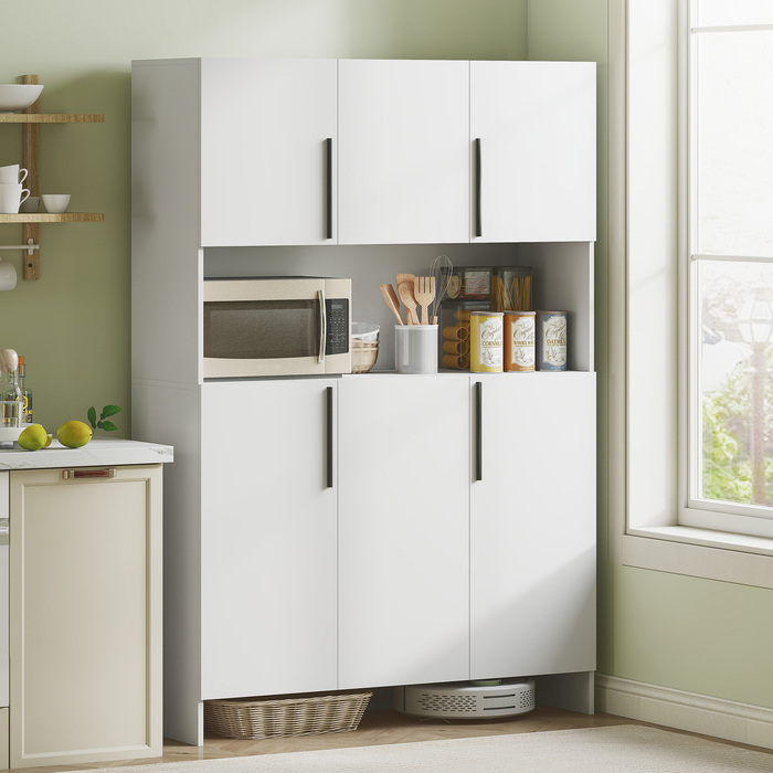 HOMCOM Kitchen Cabinet Buffet Sideboard with Countertop, 6 Doors, 4 Cabinets, Tall Cabinet with Silent Hinges, Microwave Cabinet with Modern Design, White | Aosom