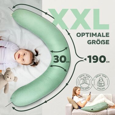 Подушка для годування sei Design XXL 190x30 см з мусліновою наволочкою, ергономічна, для вагітних, для сну на боці, комфортна подушка для дорослих, наволочка з 100% бавовни [органічна бавовна]