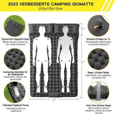 Каремат для кемпінгу на 2 особи Doppel - ультралегкий, 10 см, самонадувний, з помпою та подушкою. Ідеально для подорожей та відпочинку на природі. Сірий колір.