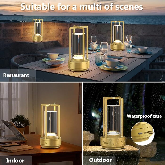 LED-лампа настільна бездротова Hapfish, 3000mAh, USB, кришталь, водонепроникна, з ручкою, диммування, для ресторану, вулиці, спальні, вітальні (Золота)