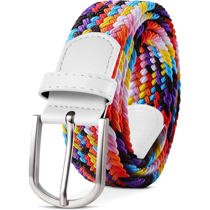 Тканинний ремінь TANGCHAO: еластичний плетений ремінь для жінок та чоловіків, ширина 3.3 см, довжина 90-135 см (білий, багатокольоровий, 120 см)