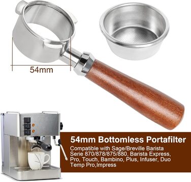 Бездонний портафільтр Baoweihua 54 мм для кавомашин Breville/Sage Barista 870/875/878/880, нержавіюча сталь, сріблястий