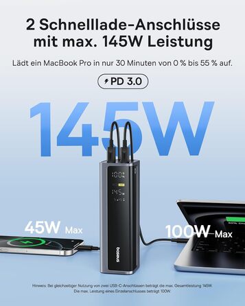 Power Bank Baseus EnerGeek 145W 20800mAh з 2x USB-C PD 3.0 (100W) та Digital Display для Ноутбуків, MacBook, iPhone, Samsung, SteamDeck