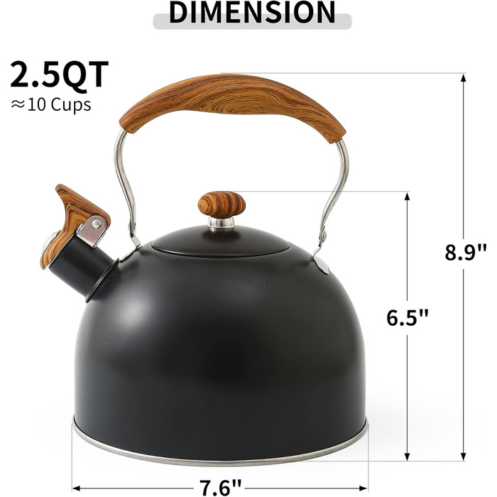 Чайник для плити LONFFERY 2.5л з свистком, з нержавіючої сталі, з дерев'ястим декором, складна ручка, кремово-білий/білий (чорний)