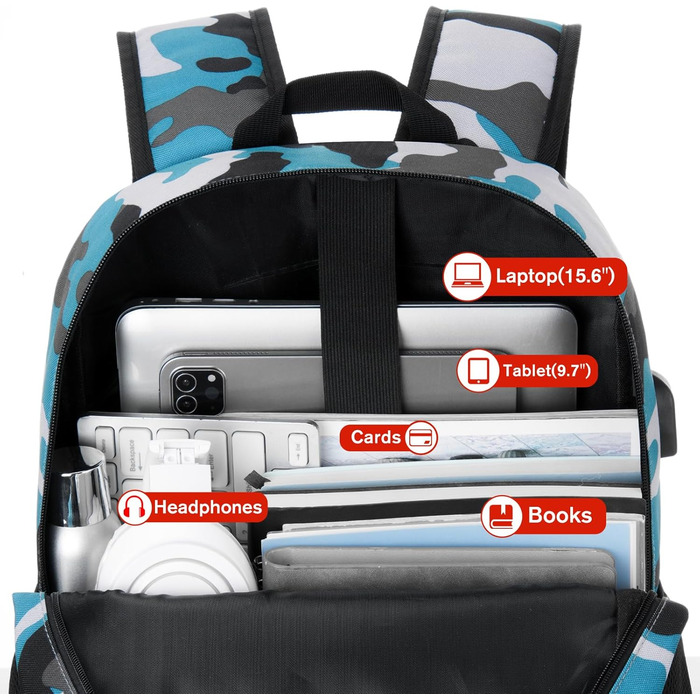 Рюкзак YAMTION 17,3 дюйма для чоловіків та жінок, шкільний, для підлітків, студентів, з USB-портом, камуфляжний синій