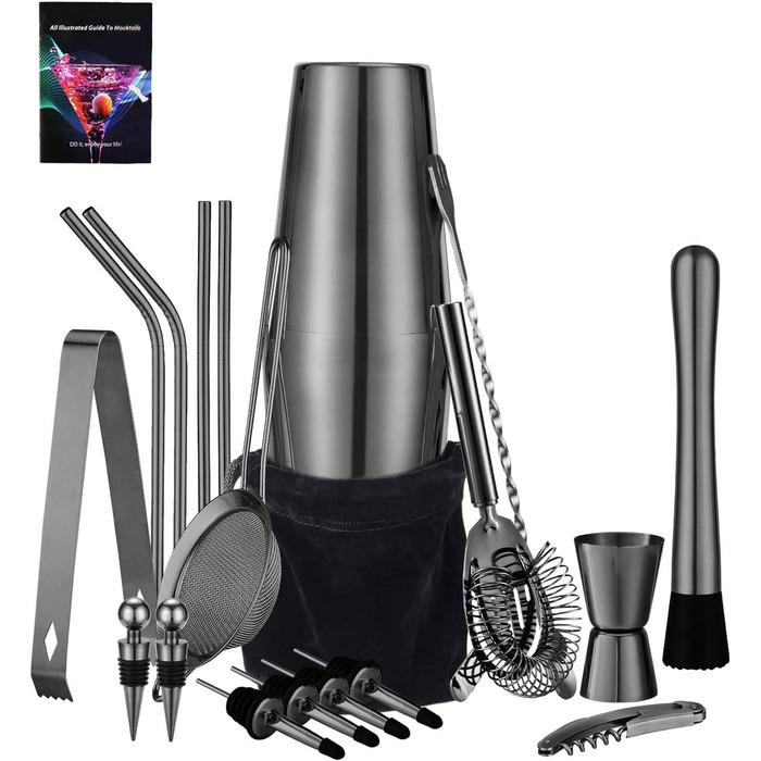 Набір для коктейлів HB life: 21 предмет, нержавіюча сталь, 750 мл та 550 мл шейкер, аксесуари для бару