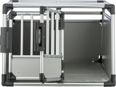 Трійзі Двомісна переносна клітка для собак з алюмінію – переноска для двох собак до 50 кг, 93 × 64 × 83 см, з висувною перегородкою, надійний замок, неслизький килимок – 39345 срібна L 93 x B 83 x H 64 см Двомісна переноска