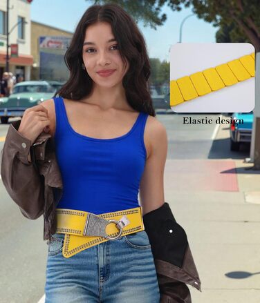 Жіночий пояс вінтажний широкий з еластичною стрічкою та пряжкою-застібкою. Колір: лимонний жовтий, розмір 31'-41'