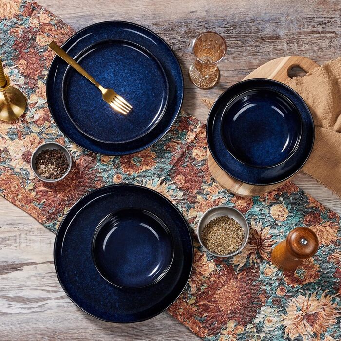 Набір посуду HaWare на 6 осіб, 18 предметів: тарілки з реактивної глазурі, комплект посуду для сервірування столу (Edelblau)