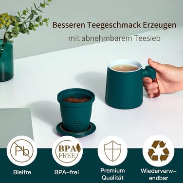 ZENS Teacup with Lid and Infuser, 360 ml Wooden Handle Teacup with Tea Strainer and Lid for Loose Leaf Tea, Matte Ceramic Teacups Gifts for Tea Lovers, Hand-Sprayed Dark Green Glaze