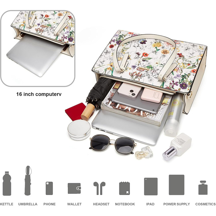 Набір сумок YTL для жінок: сумка-тоут, шопер, сумка на плече, гаманець та картник (білий квітковий принт) для офісу, школи, покупок, подорожей - елегантний подарунок