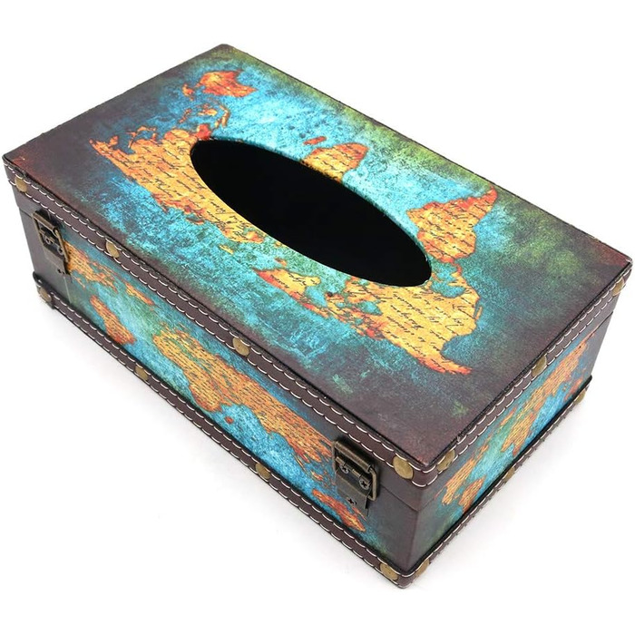 POFET Vintage Chic Shabby Wood Tissue Box Holder Rectangular Handcraft Tissue Paper Box Cover Serviette Organizer Holder Home Storage Office Car Decoration with Metal Lock - Card