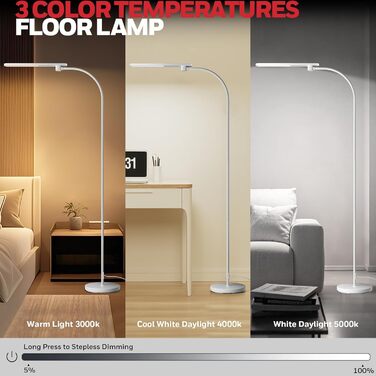LED торшер Honeywell F4 Sunturalux™ з регулюванням яскравості, гнучкий гніздовий з'єднувальний елемент, сучасний дизайн для комфортного читання у вітальні, спальні, офісі (білий)