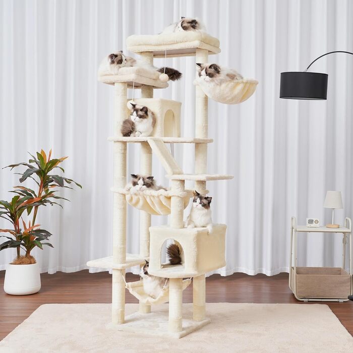 Кігтеточка-кітчечка Heybly HCT034W, 180 см, бежева: 2 платформи, 2 будиночки, 2 гамаки, кошик, кігтедряпання