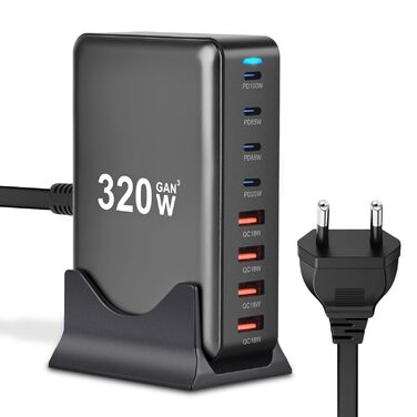 Зарядний пристрій USB C 320W, 8 портів: швидка зарядка USB-A та USB-C, PD PPS 100W для MacBook, iPad, Samsung