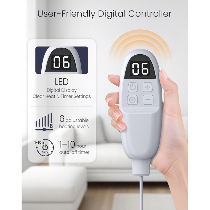 Електрична ковдра AnySun з підігрівом 180x130 см з автовимкненням, 6 режимів нагріву, таймер 10 годин, захист від перегріву, для ліжка, дивану, машинне прання, сіра